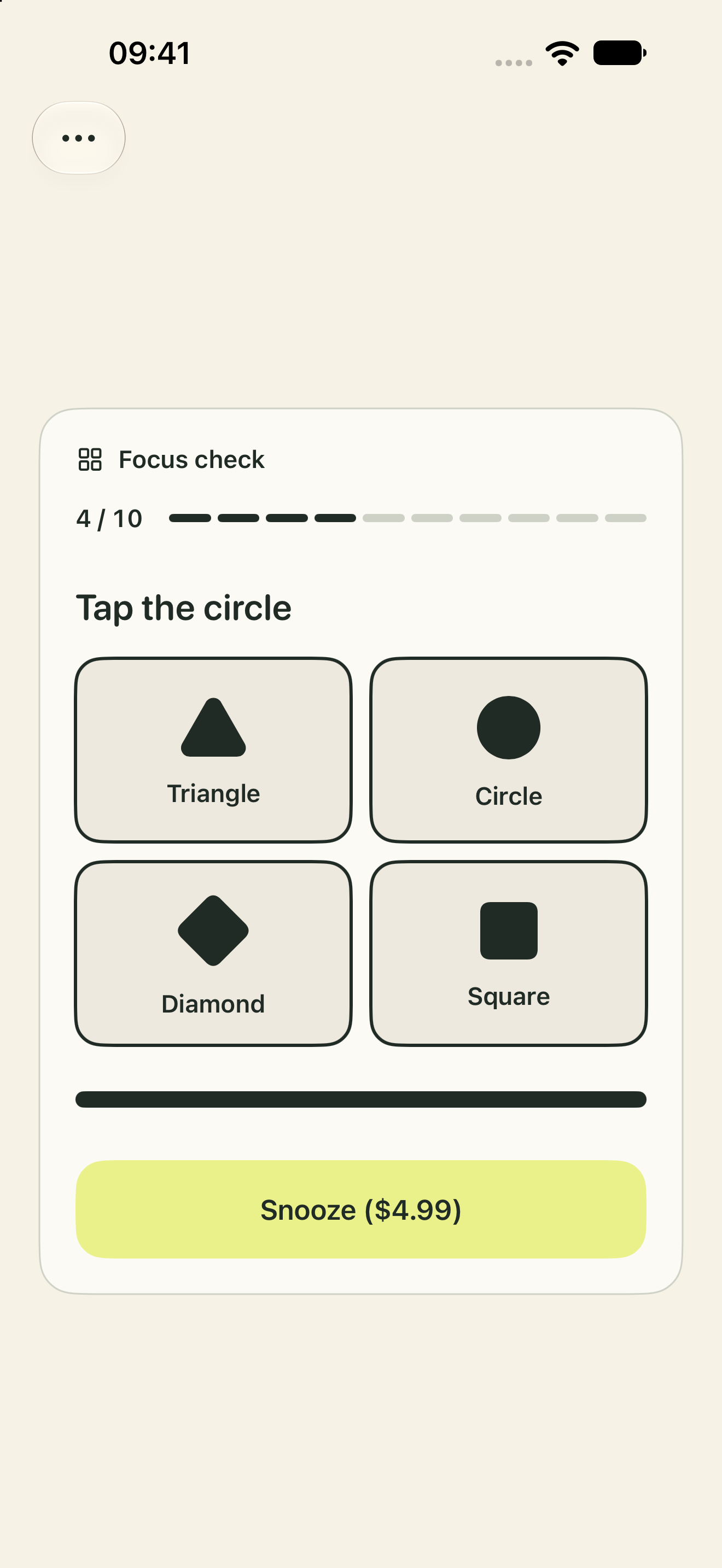 Snoozr's focus challenge asks you to match the shape shown, with a choice of four shapes. Sample app data.