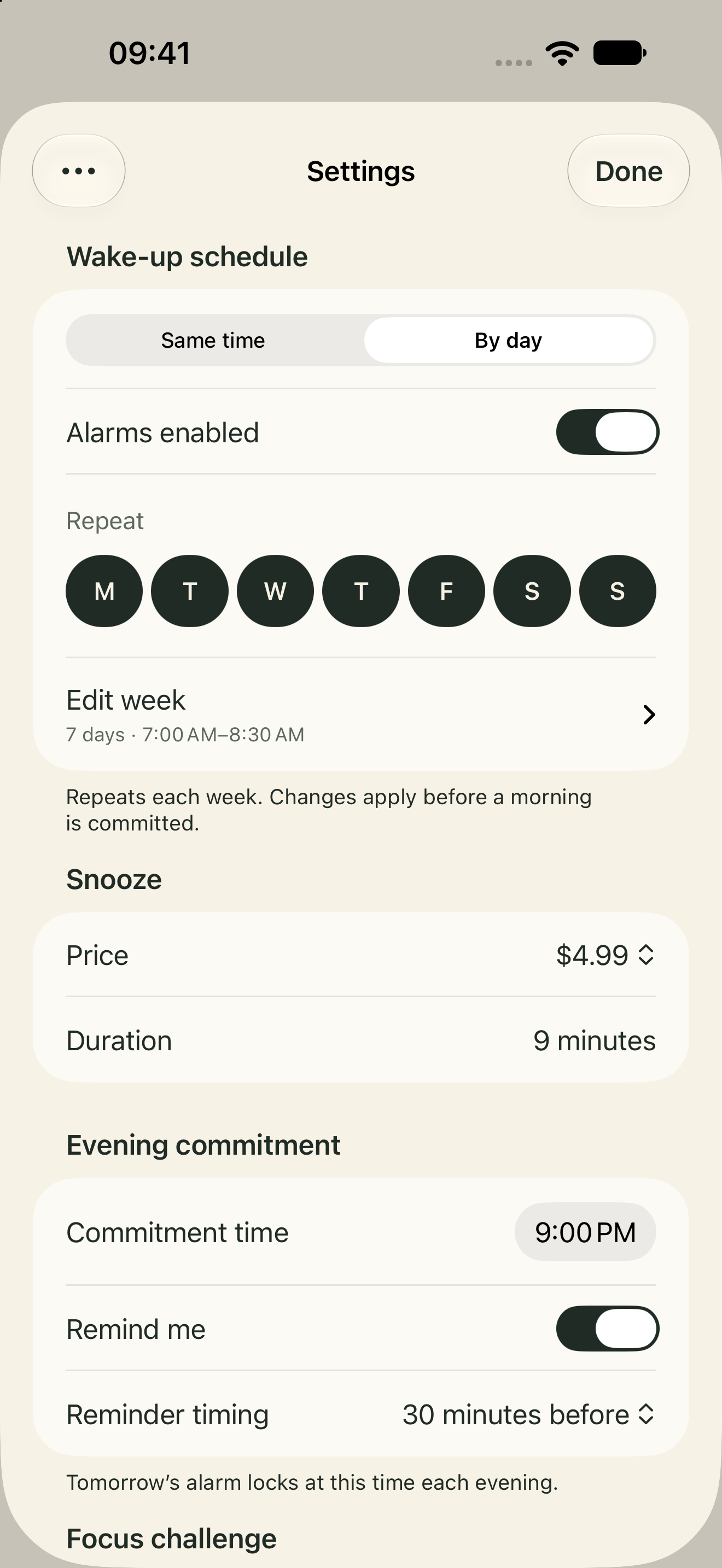 Snoozr settings with a selected snooze price of $4.99 and alarm schedule controls. Sample app data.